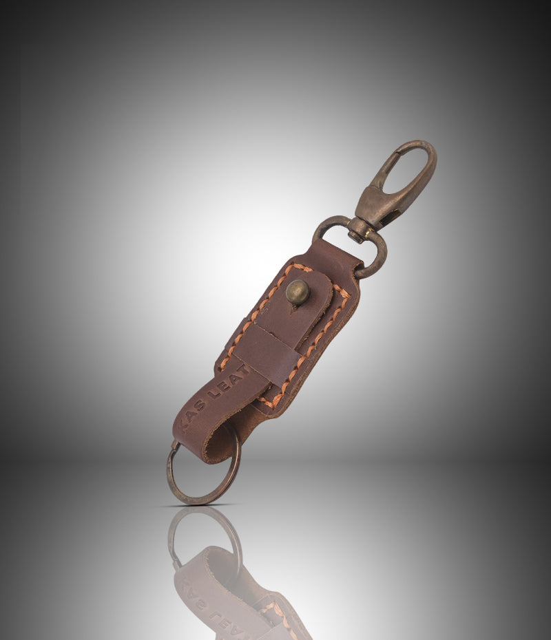 Handmade Leather Keychain with silver Key ring and hook crafted with thread stitching on borders and KAS Logo Embossing