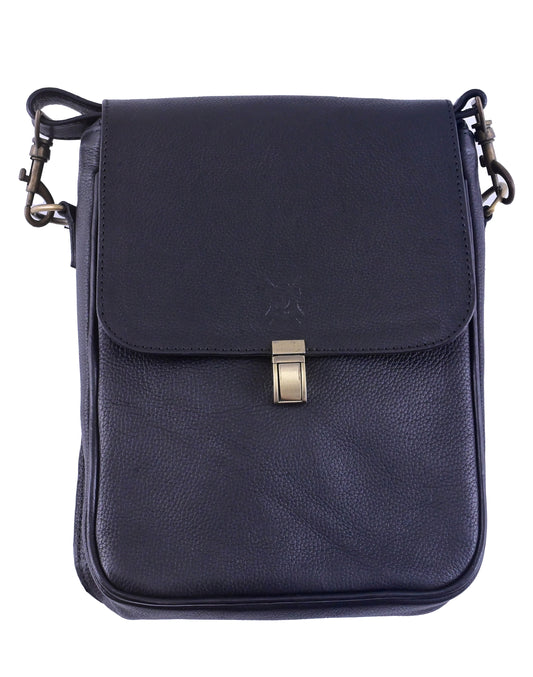 Kas Black Leather Crass Body Bag For Men