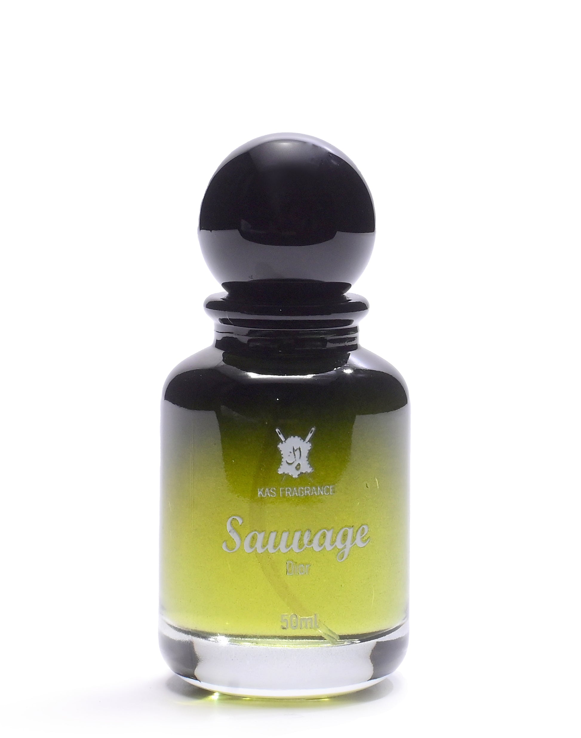 Perfume bottle labeled 'Sauvage' with a black cap on a white background