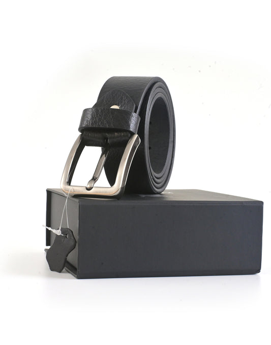 Black leather belt with silver buckle on a black stand against a white background