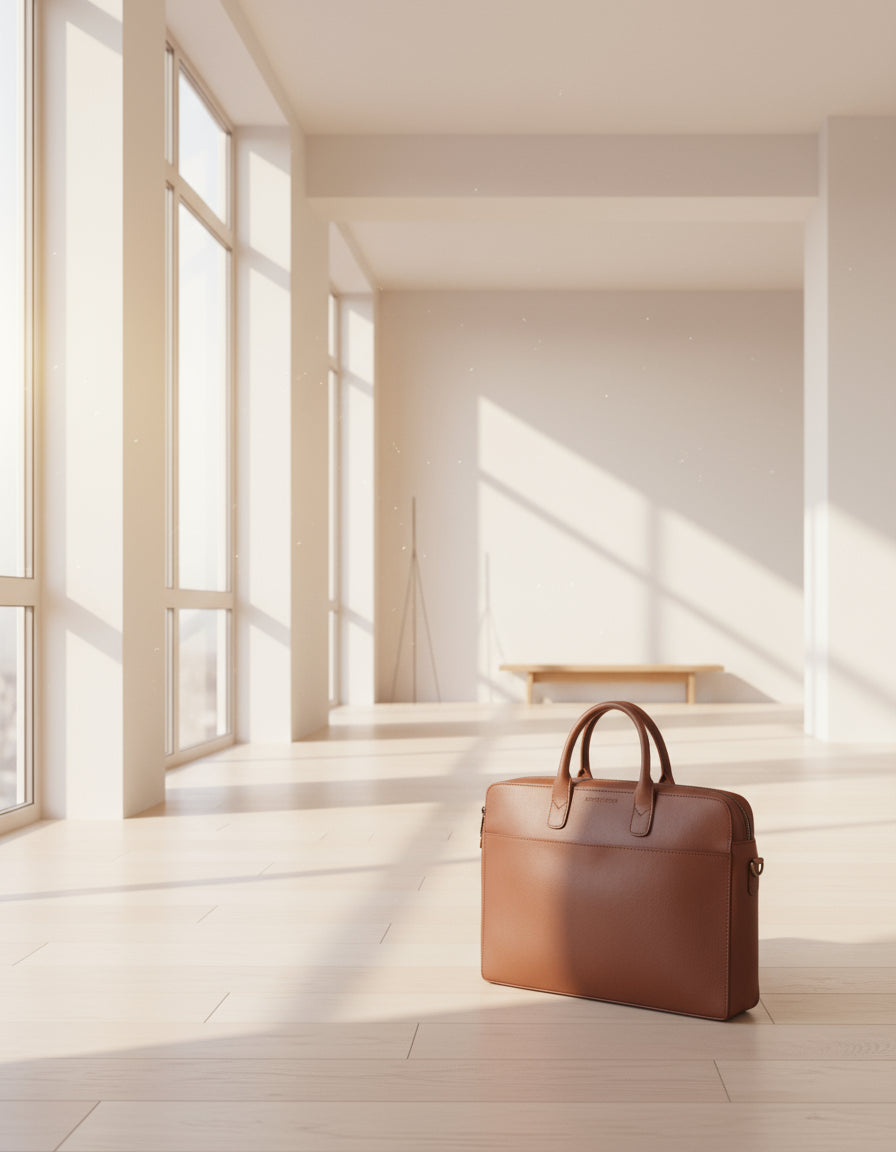Brown leather briefcase on a white background