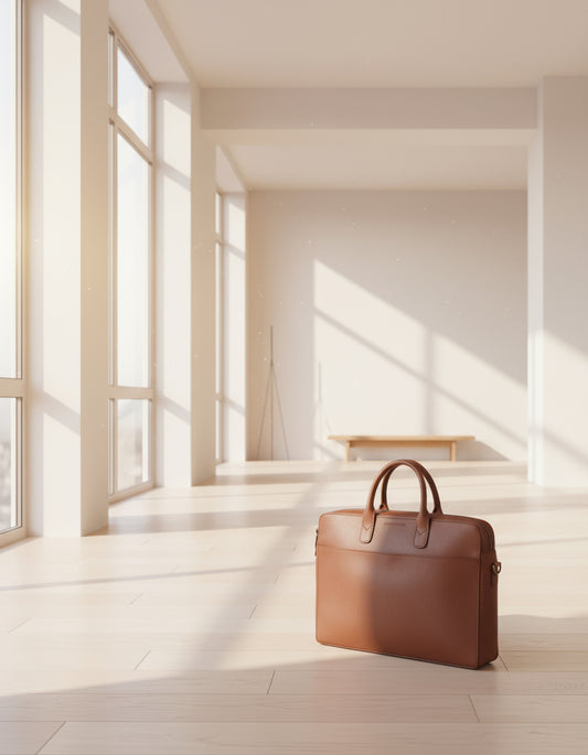 Brown leather briefcase on a white background