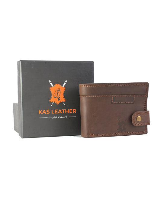 Brown leather wallet with 'KAS Leather' branding on a white background